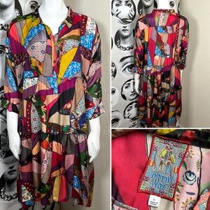 Johnny Was Multicolor Vintage Jasmine Flowy Tiered Boho Dress w/ Slip, Sz L